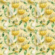 yellow diamond crown and green and white diamond bird 3d beautiful fabric pattern seamless textile fashion background
