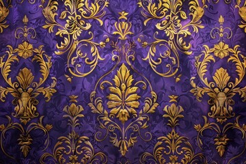 detailed view of royal purple wallpaper adorned with intricate golden design, a rich, royal purple t