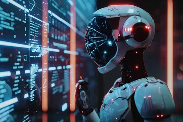 Poster - A robot is facing a wall covered with complex data, displaying information and signals, A robot interacting with human subjects in a digital world