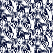 Seamless pattern from repeating silhouettes of a galloping horse with developing mane and tail. Hand-drawn vector stencil