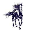 Black and white silhouette of a galloping horse with developing mane and tail. Hand-drawn stencil for stickers, engraving or metal product