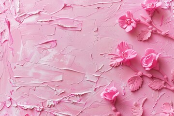 Poster - Detailed view of pink paint with delicate flowers patterned on it, A romantic pink background with subtle floral motifs