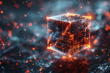 Canvas Print - this striking image presents a glowing neon cube with a dynamic array of particles in a space-like e
