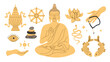 Symbols of Thai Theravada Buddhism. Set of Buddhism elements for decoration, print, poster, banner. Vector illustration on a white background.