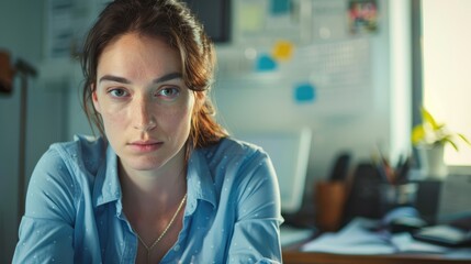 Poster - Emotional female executive in a blue shirt at her desk