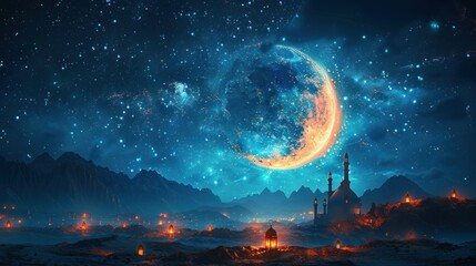 Wall Mural - The image of the moon and lantern is a starry sky or space consisting of points, lines and shapes in the form of planets, stars and the universe. Ramadan concept