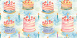 Festive seamless background with colorful delicious birthday cakes with candles. Colorful watercolor illustration of Happy birthday sweets. Congratulatory background, wrapping paper
