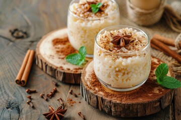 Creamy Arroz Con Leche. Delicious Rice Pudding with Cinnamon on Wooden Background, Homemade Dessert