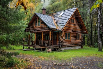 Wall Mural - A log cabin with a porch nestled in the woods, A rustic log cabin nestled in the woods