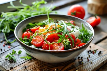 Poster - A bowl of salad filled with fresh greens and colorful vegetables placed on a wooden table, A satisfyingly simple yet delicious meal option