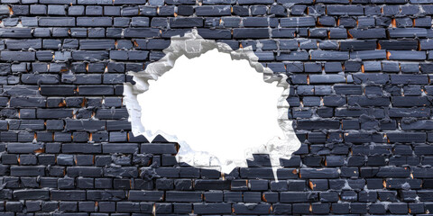 Black brick masonry with transparent hole, wall breakthrough, frame, PNG