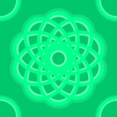 Round green abstract flower shape design on darker green background with green semicircles in the corners