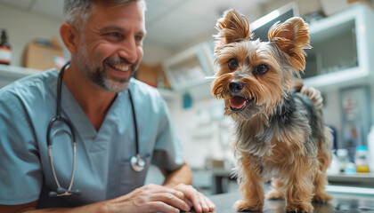 happy Yorkshire Terrier sits on a table at a veterinary clinic, looking at camera with cheerful expression and smiling veterinarian wearing white coat and stethoscope, exuding professionalism and care