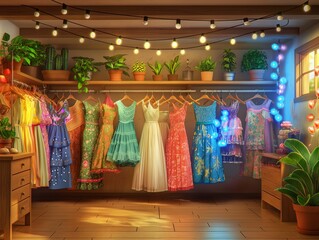 Wall Mural - A colorful display of dresses hangs on a rack in a room. The dresses are arranged in a rainbow of colors, from bright yellow to deep blue. The room has a cozy, welcoming atmosphere, with potted plants