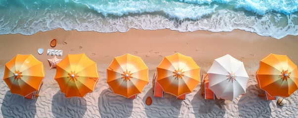 Top view Beach umbrella with chairs and beach accessories on the sand background