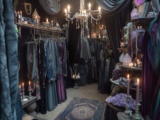 Wall Mural - A dark room with a lot of clothes and candles. The mood of the room is mysterious and eerie