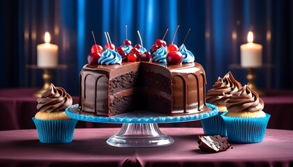 world chocolate day with a lot of chocolates cup cakes and chocolates are holding on a table behind it a luxrious view
