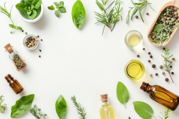 A white background with a variety of herbs and spices, including basil, parsley with a copy space