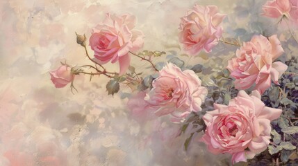 Sticker - Pink roses against a sweet soft colored backdrop create a serene and enchanting scene