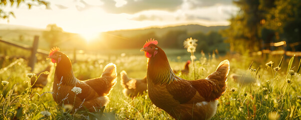 Brown chickens in spring or summer field with green grass and wildflowers. Poultry grazing on farmland. Agriculture industry and livestock husbandry. Design for banner, poster with copy space