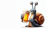 Fototapeta Konie - Illustration of cute snail character with beer glass isolated on white background, copy space for text