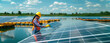 © David Pereiras - Banner of black female worker checking photovoltaic module in floating solar panel platform on water
