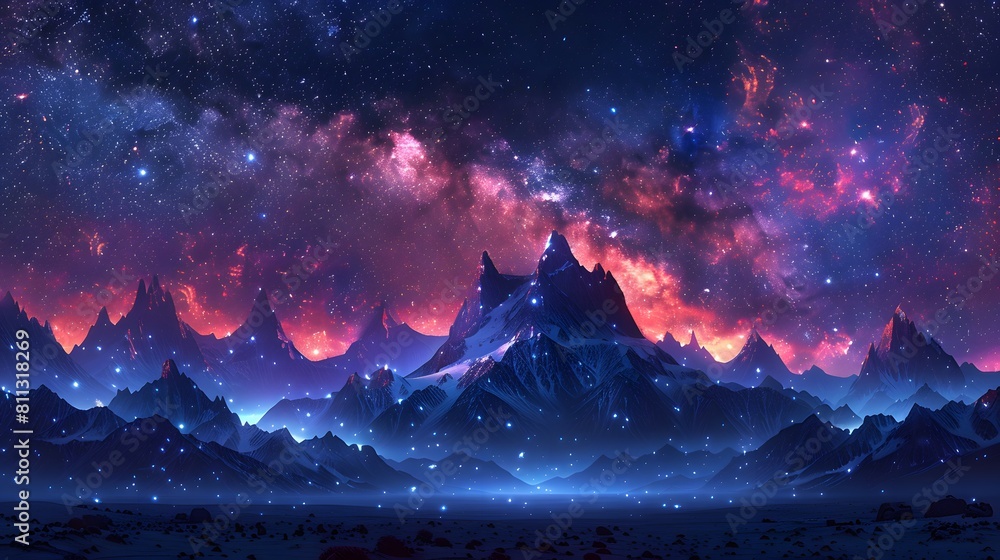 illustration of a mountain range under a starry night sky. The Milky ...