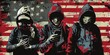 Three hooded figures using smartphones against a distressed American flag background, representing the rebellious spirit of urban youth culture.