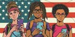 Three teenagers each deeply engaged with their smartphones against a vibrant, graffiti-style American flag, representing the modern youth's connection to technology and culture.
