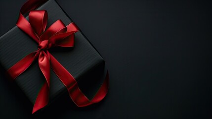 a black gift box adorned with a vibrant red ribbon, set against a bold dark background in a top-down view, creating the perfect template for a Black Friday sale banner.