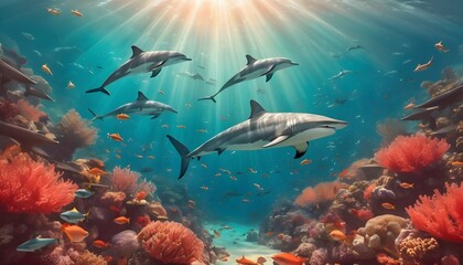 Naklejka na meble world oceans day with a view of ocean including fishes shark fishes and whales along sunrays and clouds