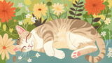 Fototapeta  - Um gato doméstico deitado preguiçosamente ao sol, com flores coloridas ao fundo.