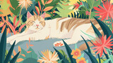 Fototapeta  - Um gato doméstico deitado preguiçosamente ao sol, com flores coloridas ao fundo.