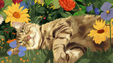 Fototapeta  - Um gato doméstico deitado preguiçosamente ao sol, com flores coloridas ao fundo.