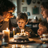 Fototapeta  - Niño sentado al final de una mesa apagando las velas del pastel rodeada de su familia celebrando su cumpleaños