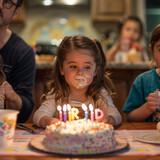 Fototapeta  - Niño sentado al final de una mesa apagando las velas del pastel rodeada de su familia celebrando su cumpleaños