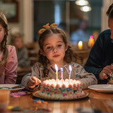 Fototapeta  - Niño sentado al final de una mesa apagando las velas del pastel rodeada de su familia celebrando su cumpleaños