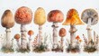 Hand drawn watercolor fly agaric mushroom set. Stock illustration.