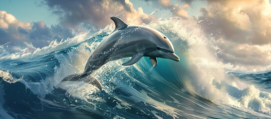 Wall Mural - beautiful dolphin jumping over breaking waves. Generative Ai