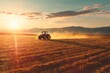 solitary tractor cultivating vast agricultural field at golden hour during spring season landscape photography