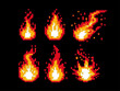 Pixel art 8-bit fire flames, explosion flashes and cartoon sparks set, isolated on black background. Burst animation for retro video game design.