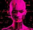 Distorted and blurred 3D face silhouette made of pixels. The concept of machine learning, neural networks and artificial intelligence.