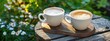 © Anna - two cups of coffee on a wooden table on a background of nature. Selective focus