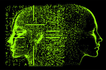 Poster - Glitchy pixelated green 3D human faces on dark background. Conceptual vector illustration of identity in the age of technology. 