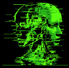 Aufkleber - Distorted silhouette of a bald human head. Conceptual image of facial recognition and anonymity systems. Cyberpunk pixel art style vector illustration.