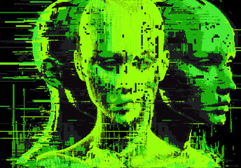 Poster - Distorted silhouette of a bald human head. Conceptual image of facial recognition and anonymity systems. Cyberpunk pixel art style vector illustration.