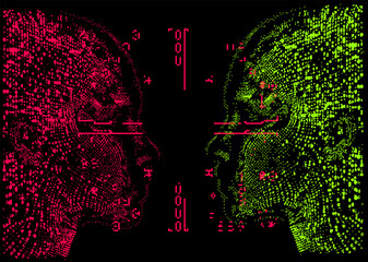 Poster - Glitchy pixelated green and red 3D human faces looking at each other. Conceptual vector illustration of identity in the age of technology. 