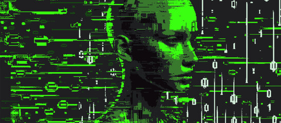 Aufkleber - Distorted and blurred 3D face silhouette made of pixels. The concept of machine learning, neural networks and artificial intelligence.