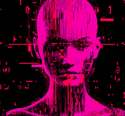 Aufkleber - Distorted and blurred 3D face silhouette made of pixels. The concept of machine learning, neural networks and artificial intelligence.