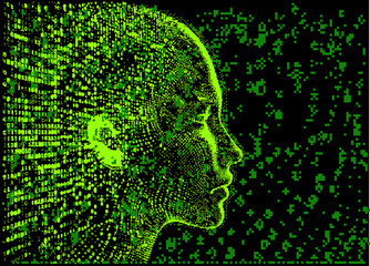 Aufkleber - Silhouette of a human head made of binary code. Conceptual image of Artificial Intelligence, Virtual Reality, Deep Learning and Face recognition systems. Cyberpunk style vector illustration.